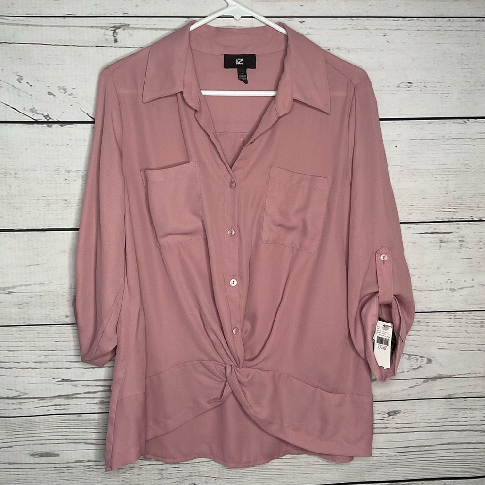 IZ Byer Women's Mauve Pink Twist Front Blouse Roll Tab Sleeve Bttton Up Shirt L